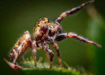 Macrophotography of a small jumping spider. Extremely close-up and details.