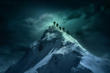 blizzard nature landscape sport snow winter mountain hiking group adventure. Generative AI.