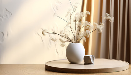 Beautifully crafted wooden round podium table with a unique grain pattern, adorned with fresh flowers in a round vase, ideal for showcasing luxury organic cosmetics, skincare, and beauty products.