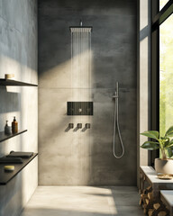 Modern, minimalist loft bathroom: chrome shower, running water, sunlight from window on gray cement wall—a 3D background for showcasing bathroom designs.