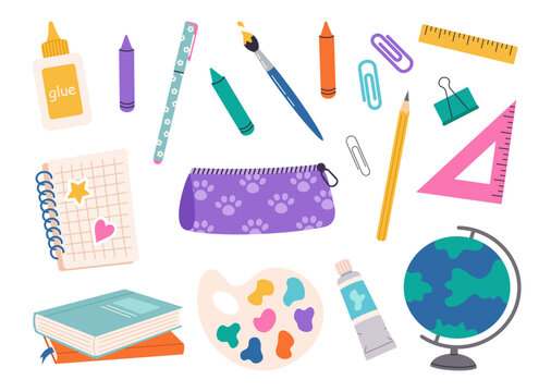 Vector school supplies set. Back to school. Hand drawn stickers school stationery. Cartoon illustration in a flat style on a white background.