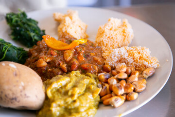 Loritos de chicha con cau cau y ceviche. Traditional combined dish from the city of Arequipa in Peru.
