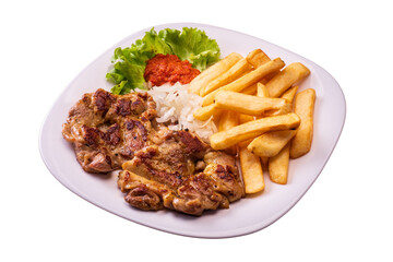 chicken thighs with french fries. isolated white background