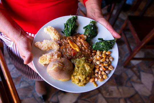 Loritos de chicha con cau cau y ceviche. Traditional combined dish from the city of Arequipa in Peru.
