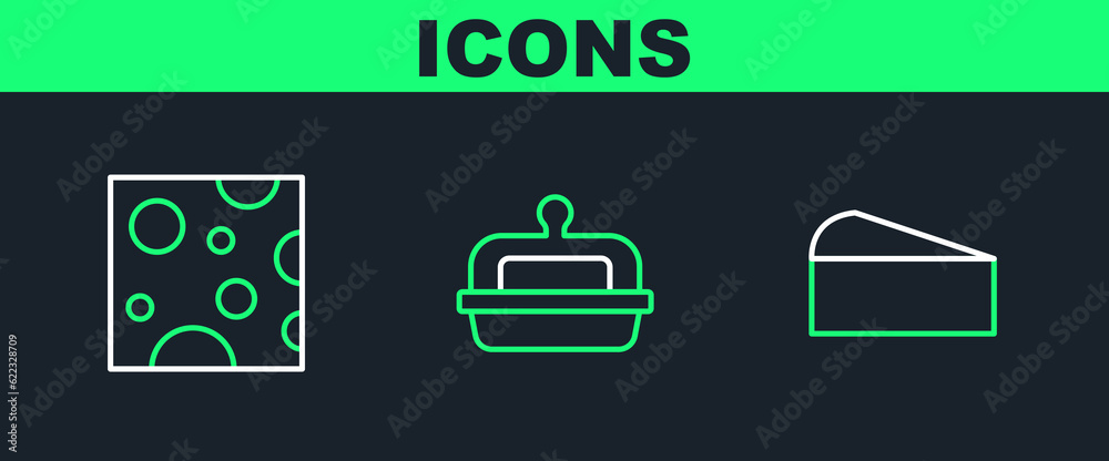 Wall mural Set line Cheese, and Butter in a butter dish icon. Vector