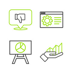 Set line Pie chart infographic, Board with, Browser setting and Dislike speech bubble icon. Vector