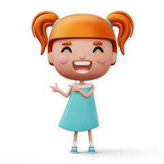 Happy child pointing fingers, cute girl cartoon character, 3d rendering