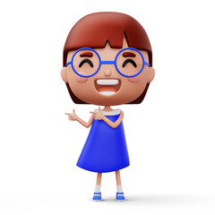 Happy child pointing fingers, cute girl cartoon character, 3d rendering