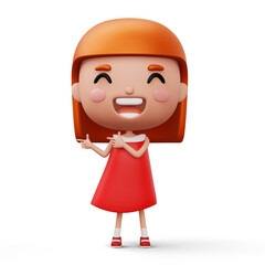 Happy child pointing fingers, cute girl cartoon character, 3d rendering
