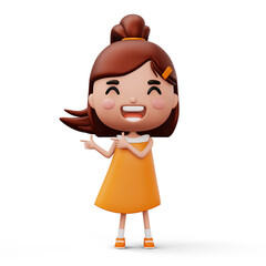 Happy child pointing fingers, cute girl cartoon character, 3d rendering