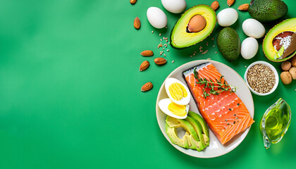 Keto diet concept - salmon, avocado, eggs, nuts and seeds, bright green background, top view