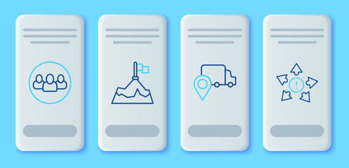 Set line Mountains with flag, Delivery tracking, Project team base and Many ways directional arrow icon. Vector