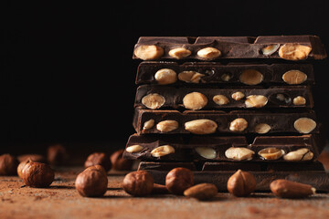 Dark and milk chocolate with nuts on a dark background sprinkled with cocoa powder.