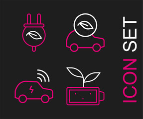 Set line Eco nature leaf battery, Smart car system, and Electric saving plug in icon. Vector