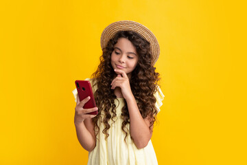 Thinking teenager girl, thoughtful emotion. Girl 12, 13, 14 years old with smart phone. Hipster...