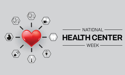 National Health Center Week design with a heart circled by health care and medical elements logo, stethoscope, syringe, dental, blood donation. Vector illustration