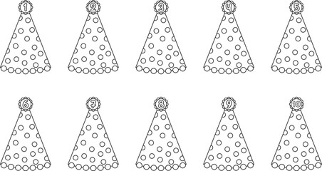 Birthday Party hats set outline vector 1st birth to 10 h birth, Cute birthday party hats, Birthday hat cones for birthday decoration background