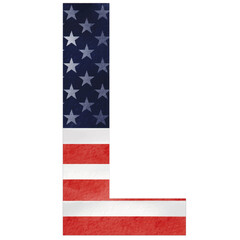 Obraz premium Letter L hand painted USA alphabet text with United state of America flag inside watercolor brush paint isolate on white background. Vector illustration 