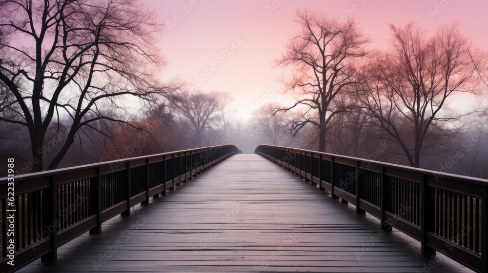 Canvas Prints A wooden bridge over a river with trees in the background. Generative AI image.