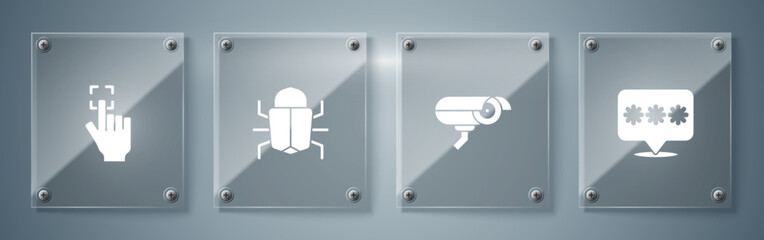 Set Password protection, Security camera, System bug and Fingerprint. Square glass panels. Vector