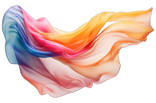 Silk scarf flying in the wind. Waving colorful satin cloth isolated on transparent background