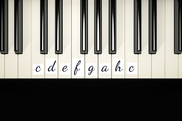 3d rendering of a classic piano keys with note signs to learn