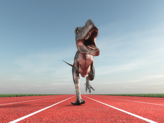 Giant prehistoric monster of dinosaur training on a red running track. This is a 3d render...