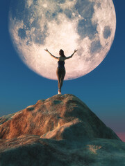 Female with arms in the air standing in top of a rock watching to the huge  moon. This is a 3d render illustration