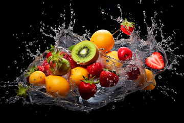 Fototapeta na wymiar Different fruits in splashes of water. Generative AI