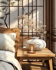 Schilderijen op glas bedside table with vintage Chinese lampshade, white bed, and bonsai tree in sunlight from shoji window—a great. Empty wooden 3D background for fashion, beauty, cosmetic, and skincare product displays. © Bartek