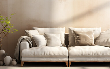 Fototapeta na wymiar Close-up of comfy beige sofa with woven pillows in sunlight against cream textured wall—a perfect 3D backdrop for interior design and lifestyle product displays.