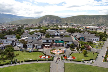 Overhead view of the sun dial and park, seen from the equator monument, at the Mitad del Mundo park...