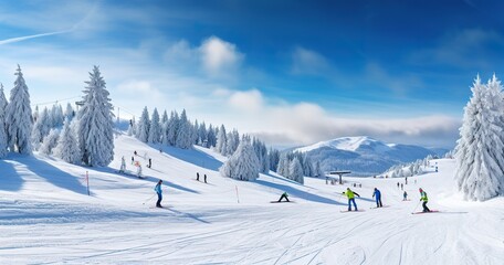 Fototapeta na wymiar snow covered mountains with ski slope. ai generative.