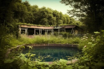 An abandoned overgrown swimming pool 