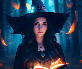 Portrait de sorcière d'Halloween lisant un livre de magie,sur fond de forêt magique sombre et effrayante.Concept d'Halloween.Personne fictive créée avec l'IA générative.