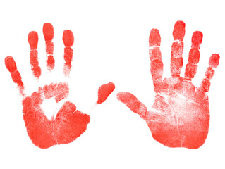 Red prints of the right and left hands on white background