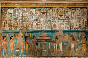 An intricate and colorful Egyptian hieroglyphic mural - obrazy, fototapety, plakaty