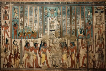 An intricate and colorful Egyptian hieroglyphic mural - obrazy, fototapety, plakaty