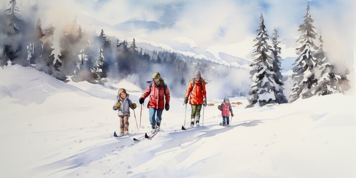 family during winter sport at a ski resort in winter. ai generative.