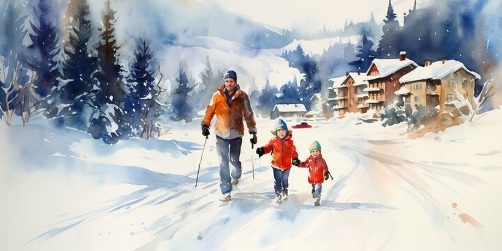 family during winter sport at a ski resort in winter. ai generative.