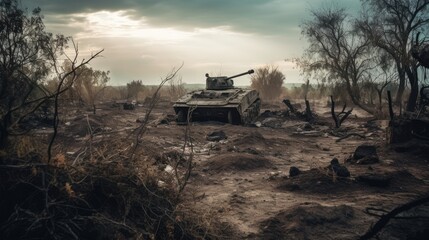The aftermath of a battle with a war-torn landscape