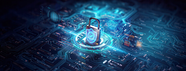 secure connection or cybersecurity service concept of compute motherboard closeup and safety lock with login and connecting verified credentials as wide banner design - Generative AI - obrazy, fototapety, plakaty
