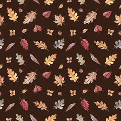 Autumn leaves on dark background watercolor seamless pattern.