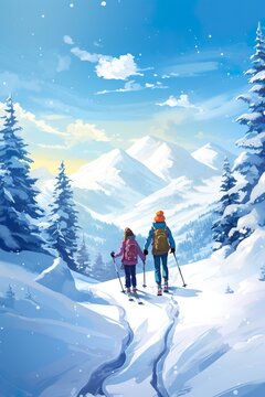 skiers in a winter landscape with trees and snow. ai generative