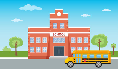 School building and school bus. Welcome to school. against the background of a natural landscape. Vector, cartoon illustration