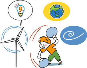 子供たちの未来と再生可能エネルギー　風力発電と小学生　イラスト素材
