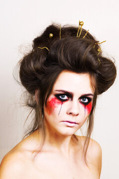halloween make up beautiful model with perfect hairstyle. concept. retouch