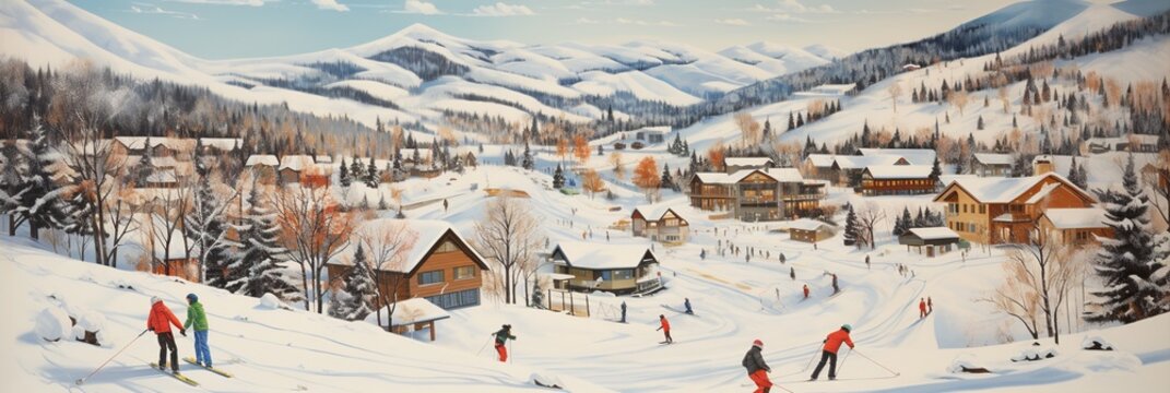 winter landscape with mountains and people skiing. AI generative