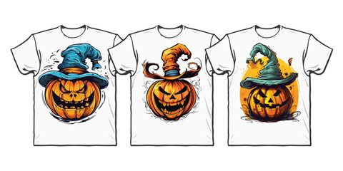 Set of Halloween pumpkin wearing hat t-shirt design