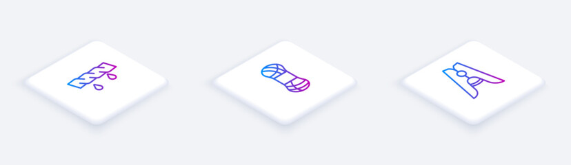 Set Isometric line Squeeze clothes, Yarn and Clothes pin. White square button. Vector